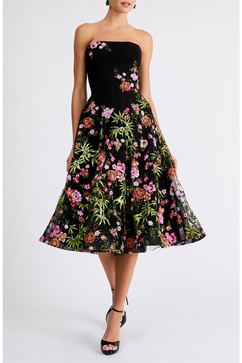 Blair Sequin Floral Strapless Tulle Cocktail Dress, Main, color, BLACK FLORAL
