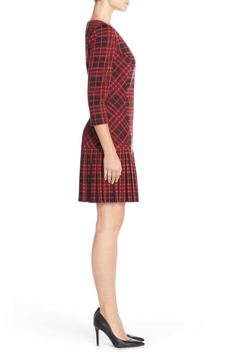 Pleat Plaid Jacquard A-Line Dress, Alternate, color, LIPSTICK/ BLACK
