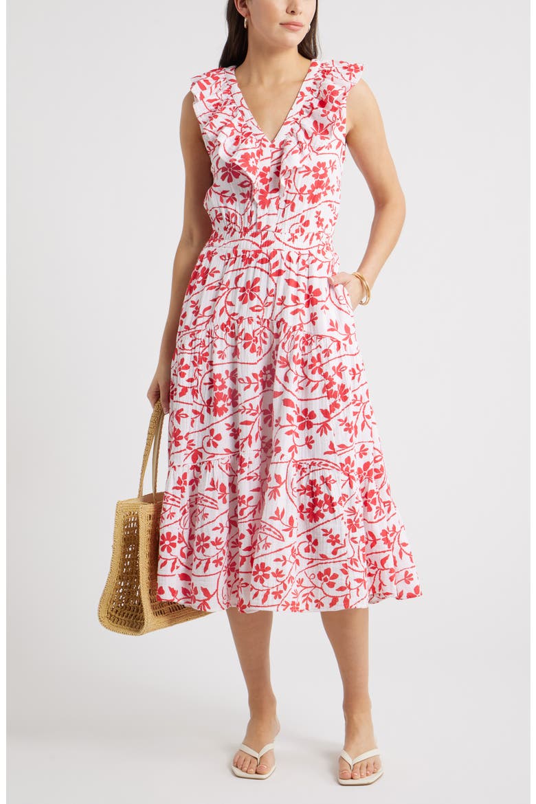 Ruffle Sleeveless Tiered Cotton Midi Dress, Main, color, WHITE- RED FLOWER PAISLEY