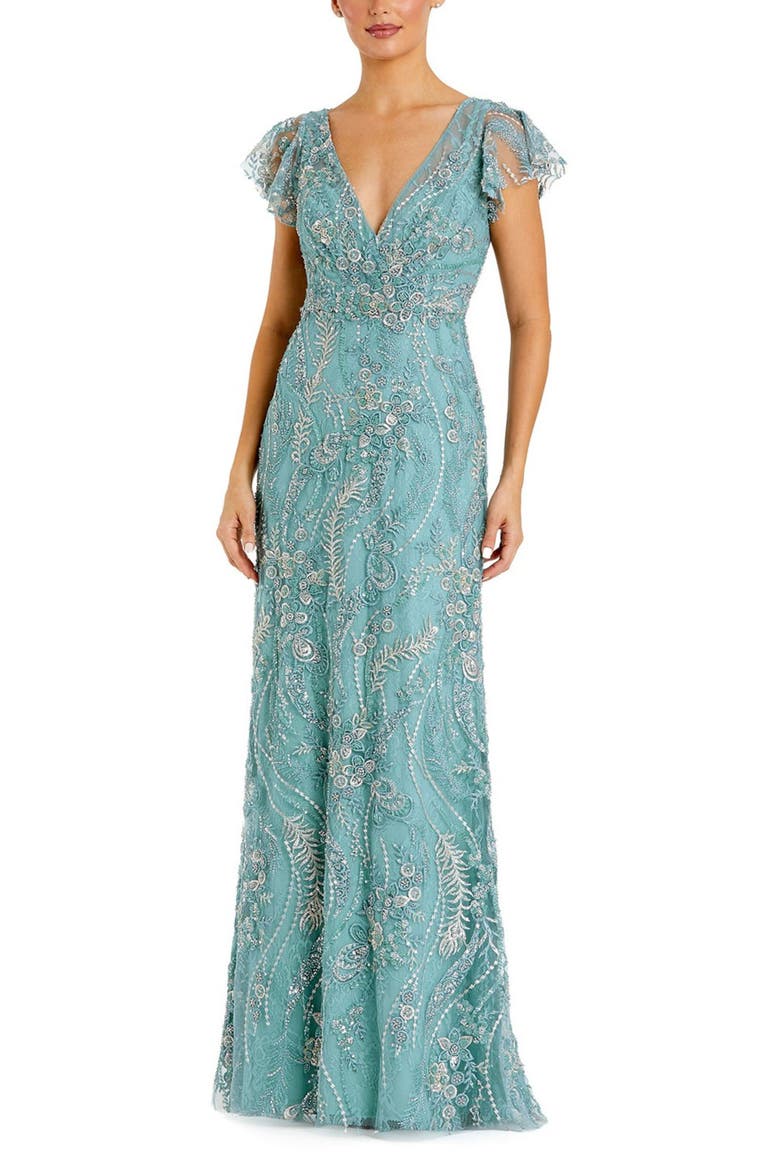 V Neck Flutter Sleeve Floral Embroidered Gown, Main, color, Seafoam