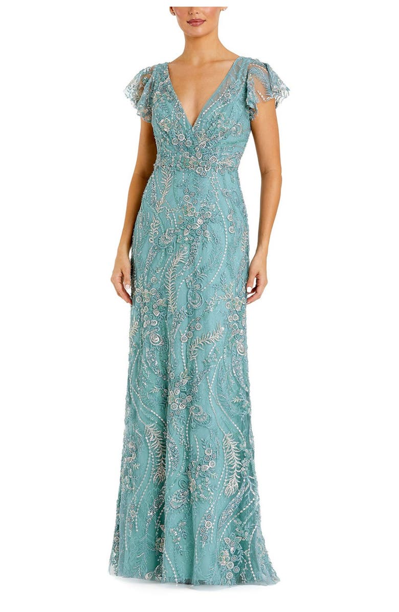 Mac Duggal V Neck Flutter Sleeve Floral Embroidered Gown, Main, color, Seafoam
