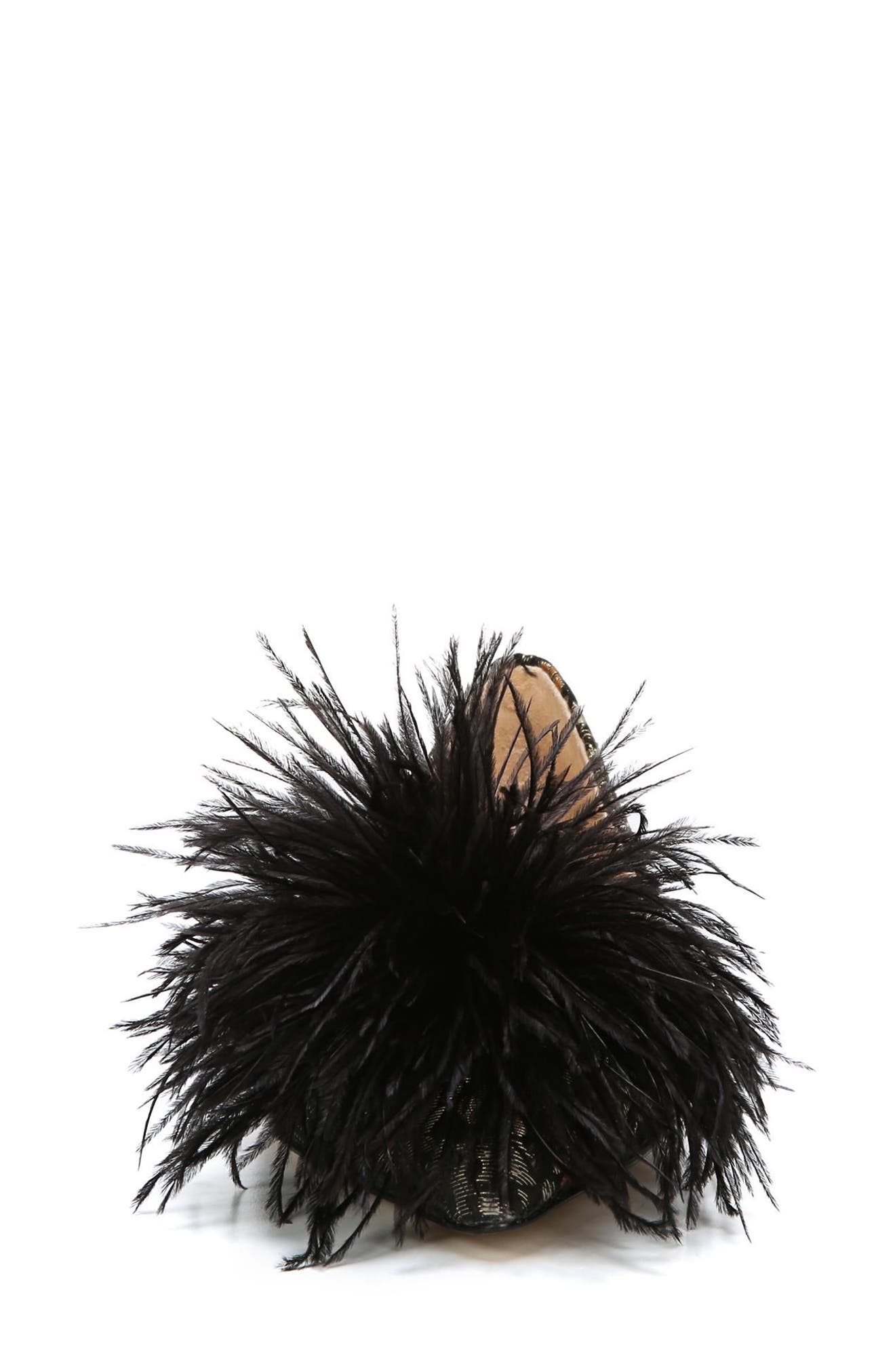 Reina Feather Pompom Flat, Alternate, color, BLACK FLORAL BROCADE
