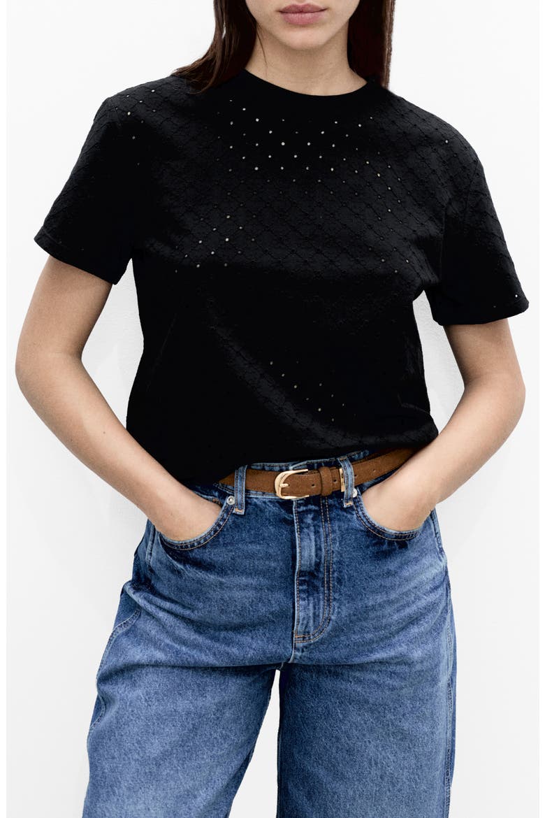 Embroidered Openwork Cotton T-Shirt, Main, color, BLACK