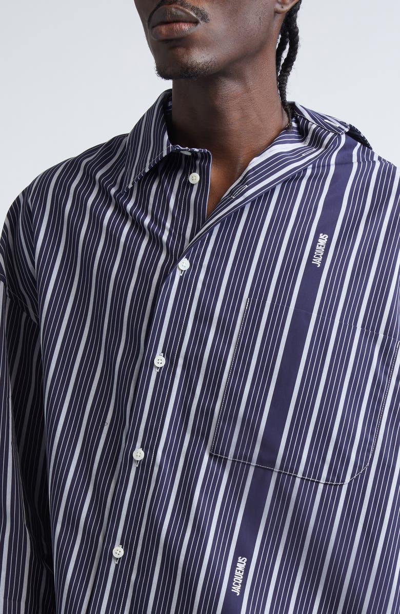 Jacquemus La Chemise Cuadro Asymmetric Button-Up Shirt, Alternate, color, Business Logo Stripes Navy