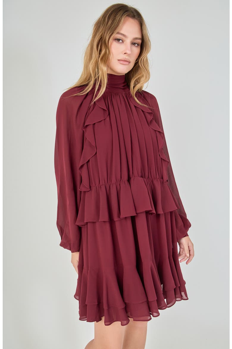 Ruffle Tie Back Long Sleeve Chiffon Dress, Alternate, color, BORDEAUX