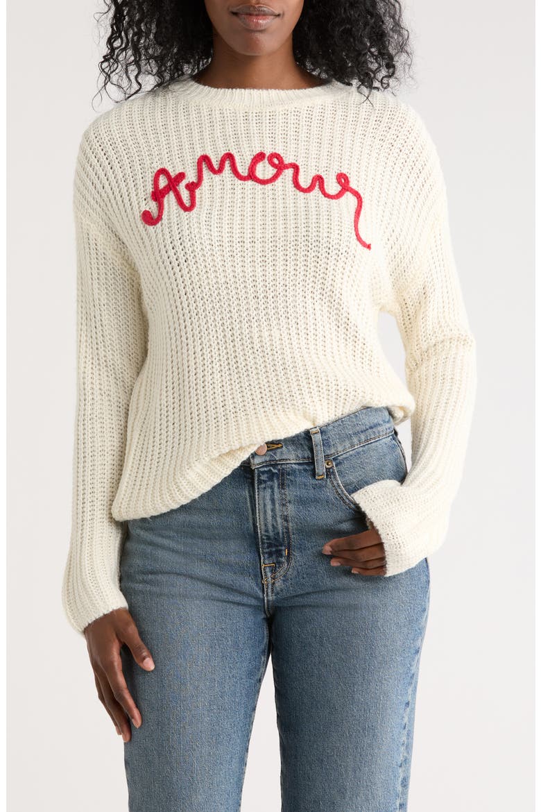 Amour Embroidered Pullover Sweater, Main, color, CREAM RED