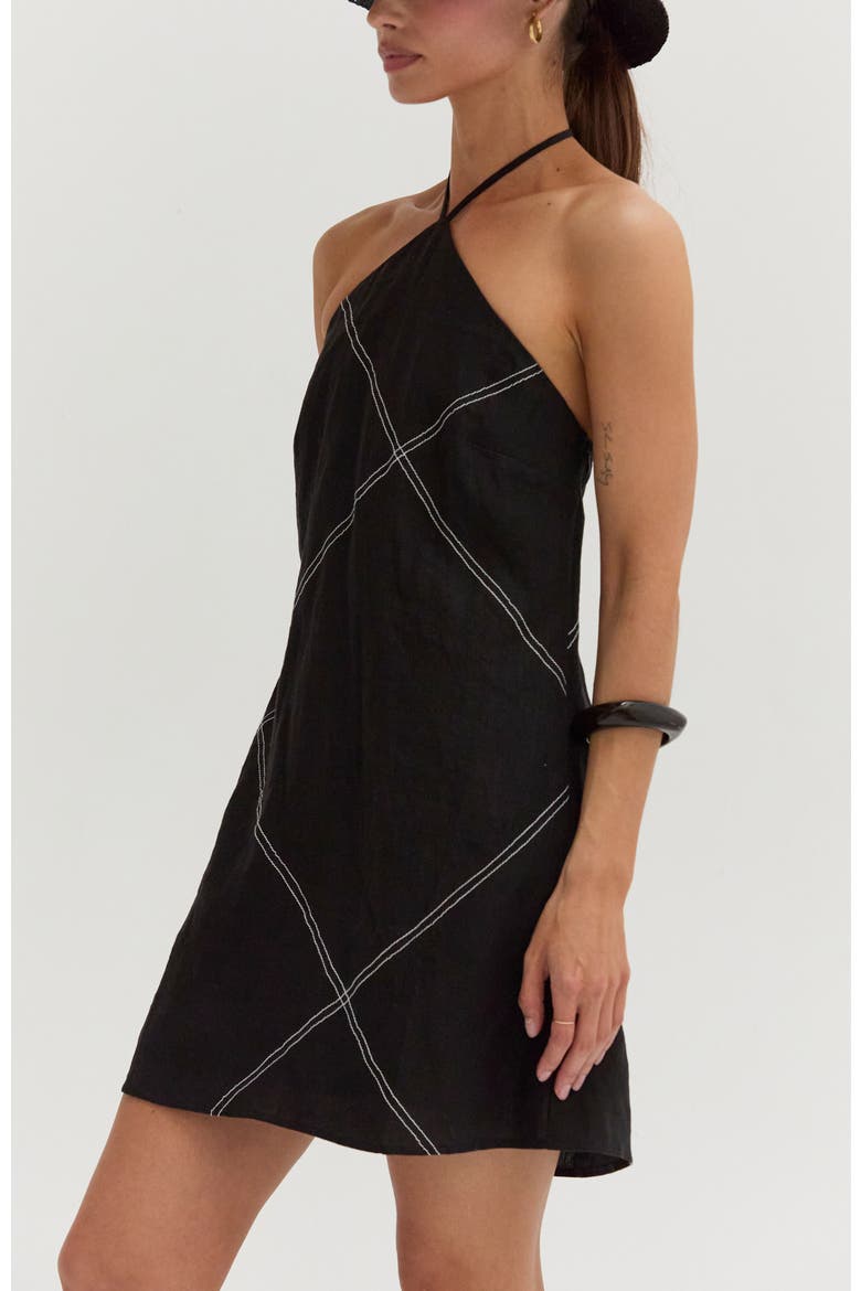 Contrast Stitch Halter Linen Mini Dress, Alternate, color, Black