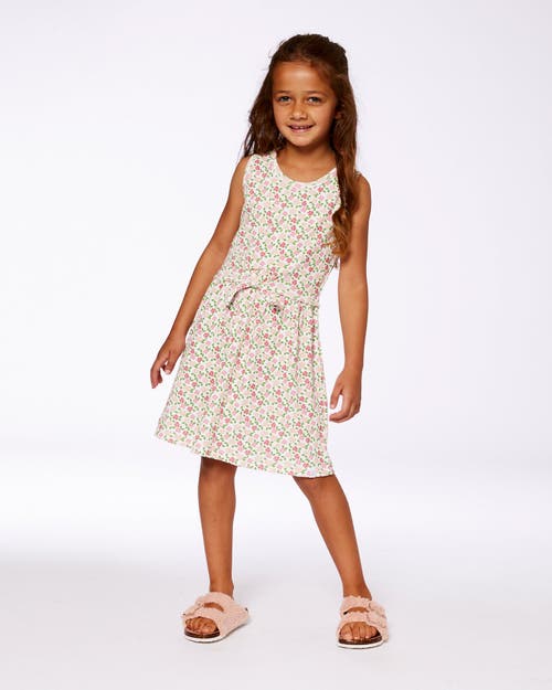 Deux Par Deux Little Girl's Printed Ribbed Dress With Waist Tie Small Flowers On White Background In Small Flowers On White