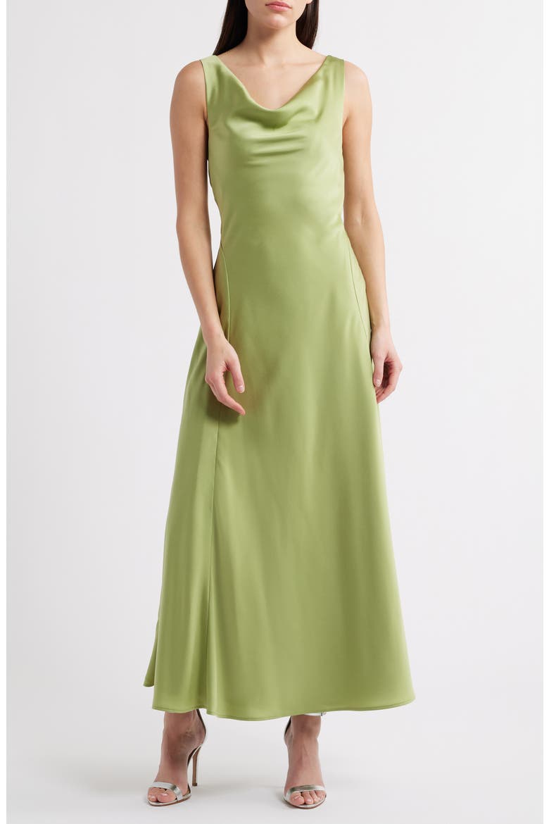 Tala Cowl Neck Satin Gown, Main, color, OLIVE