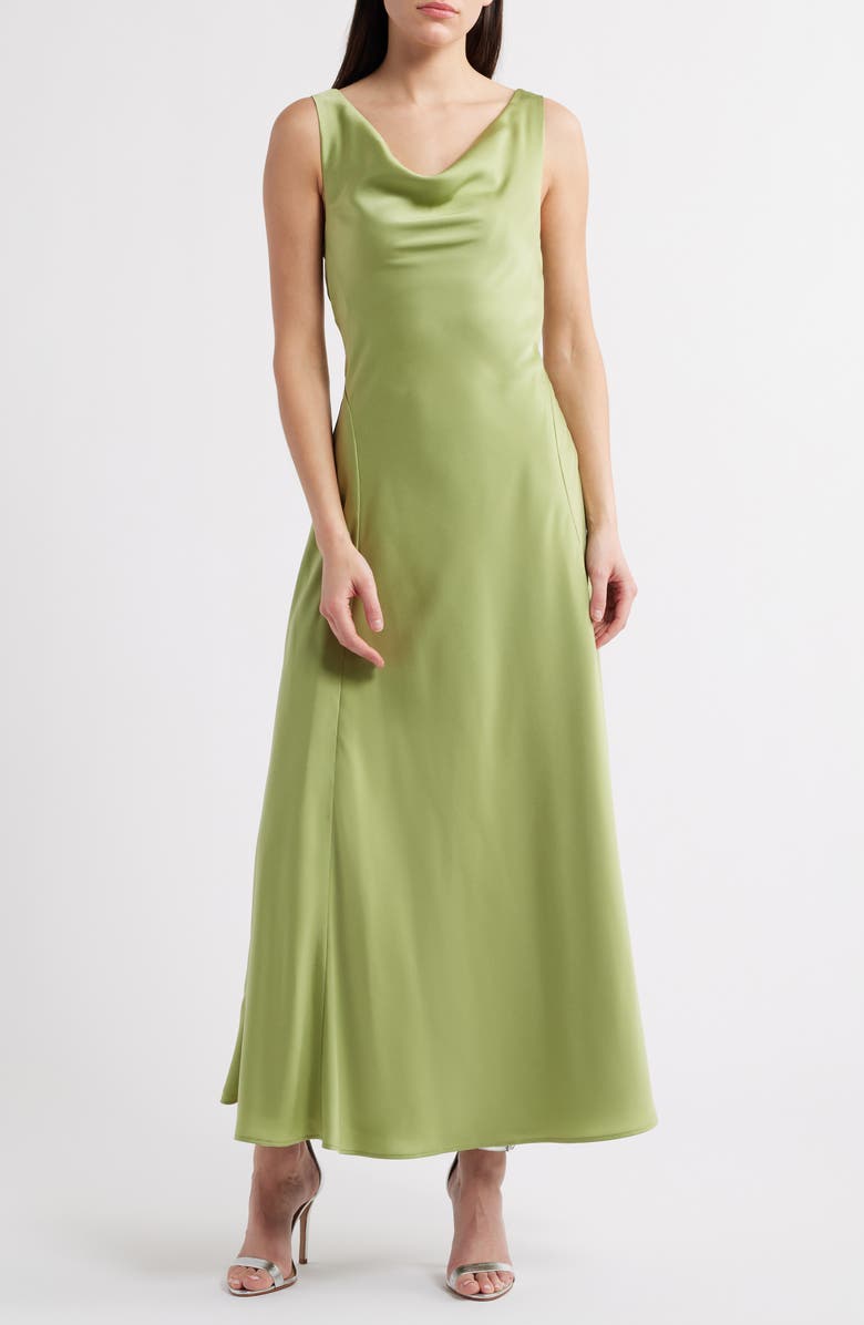 WAYF Tala Cowl Neck Satin Gown, Main, color, Olive