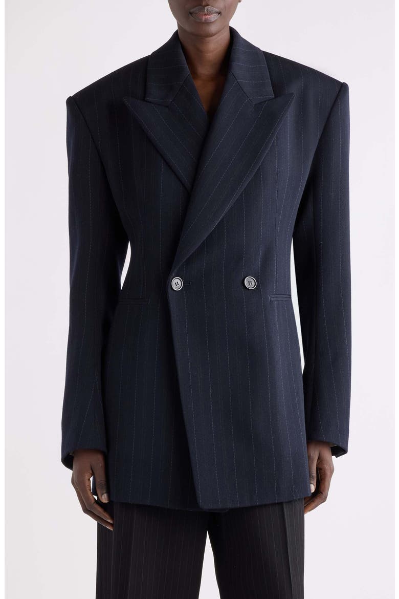 Pinstripe Double Breasted Wool Blazer, Main, color, MARINE FONCE GRIS