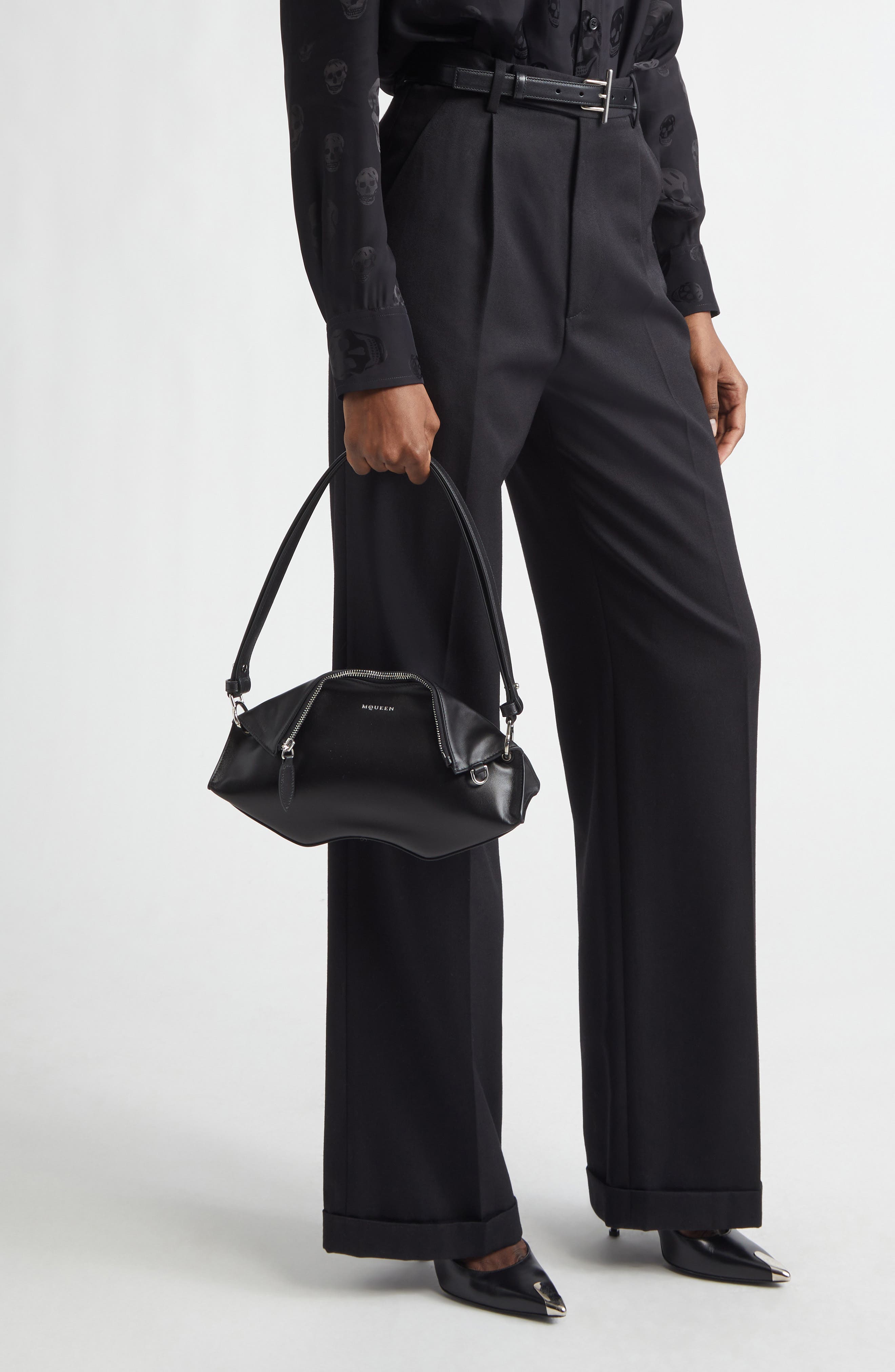 McQueen Manta Leather Clutch, Alternate, color, Black/ Silver