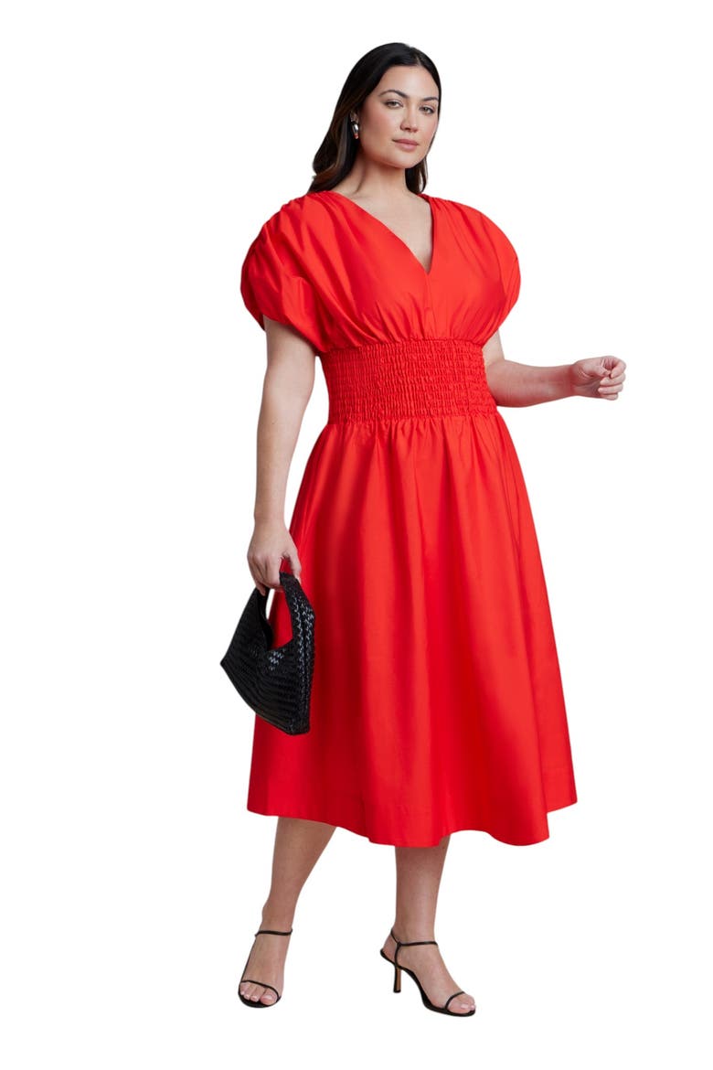 V Neck Flared Poplin Midi Dress, Main, color, FIERY RED