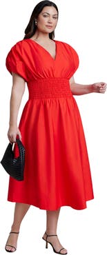 ELOQUII V Neck Flared Poplin Midi Dress