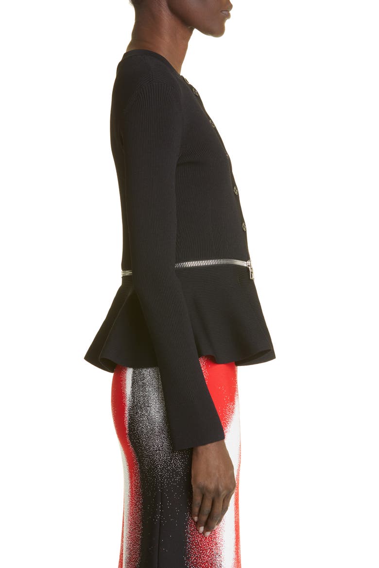 Rib Peplum Cardigan, Alternate, color, BLACK