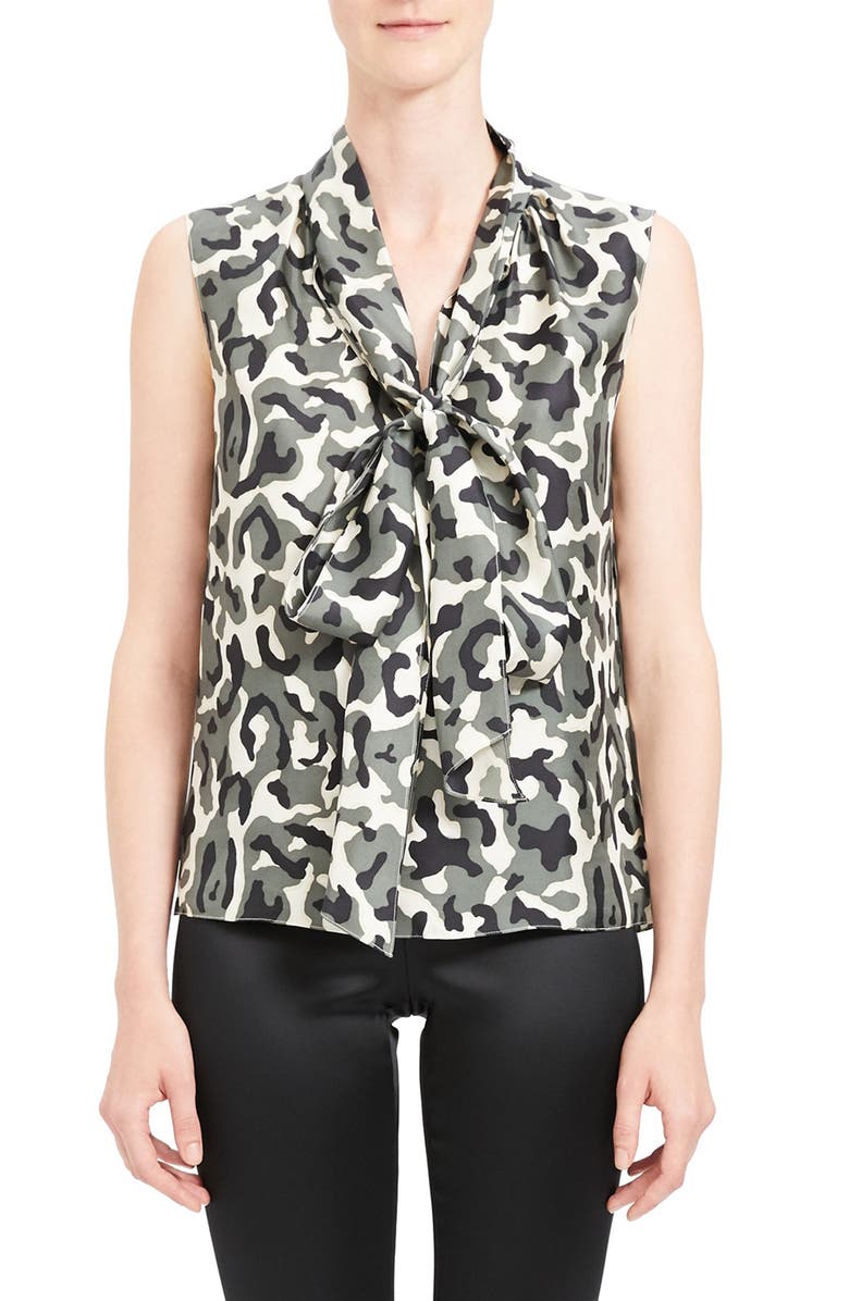 Theory Camo Print Tie Neck Sleeveless Silk Blouse, Main, color, 