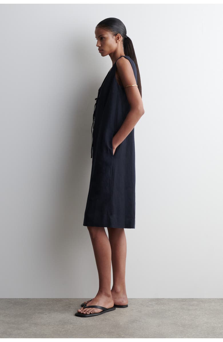 COS Linen-Blend Tie-Front Midi Dress, Alternate, color, Navy