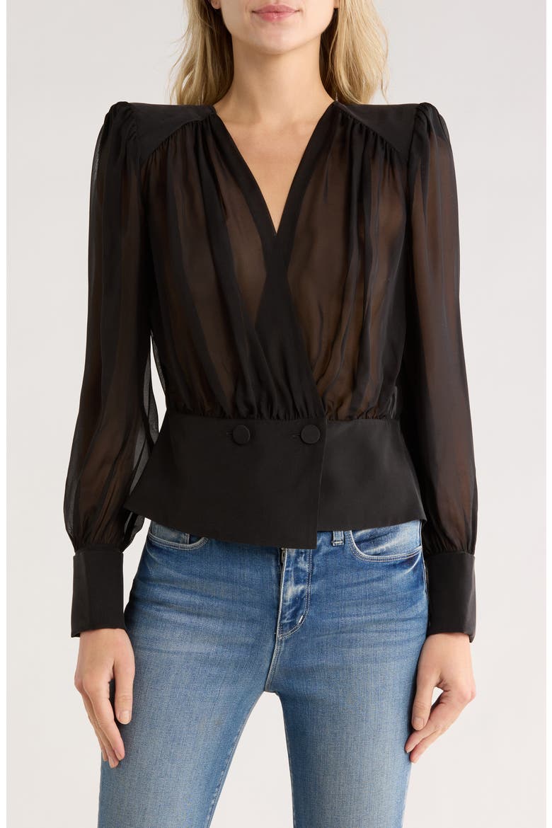 Tan Wrap Front Silk Top, Main, color, BLACK