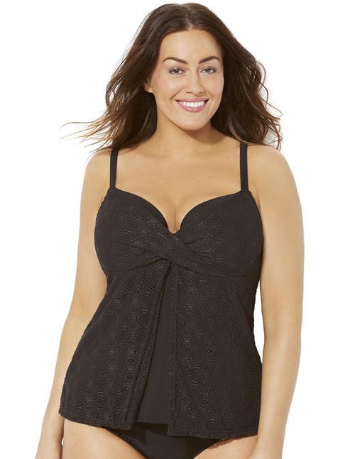 Swimsuits For All Faux Flyaway Crochet Underwire Tankini Top In Brown