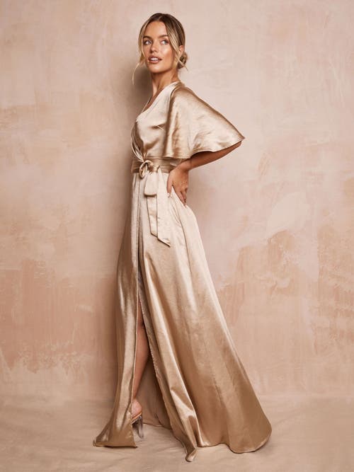 Six Stories Wrap Tie Satin Bridesmaid Dress In Neutral