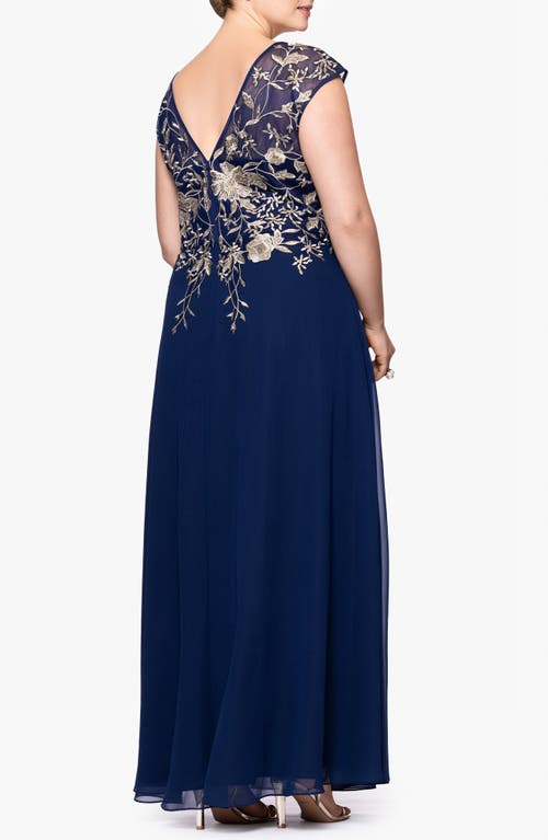 Betsy & Adam Plus Size Metallic-embroidered A-line Gown In Blue