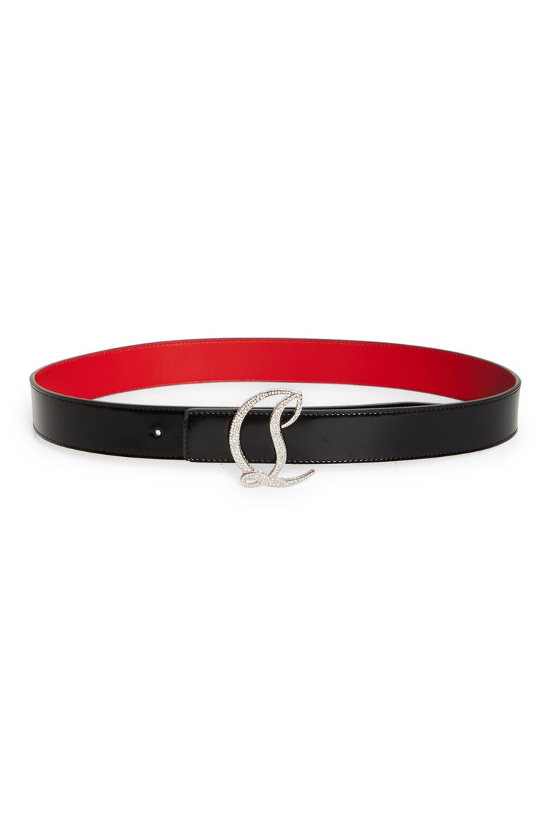 Crystal Pavé CL Logo Buckle Leather Belt, Main, color, BLACK/ SILVER-CRISTAL