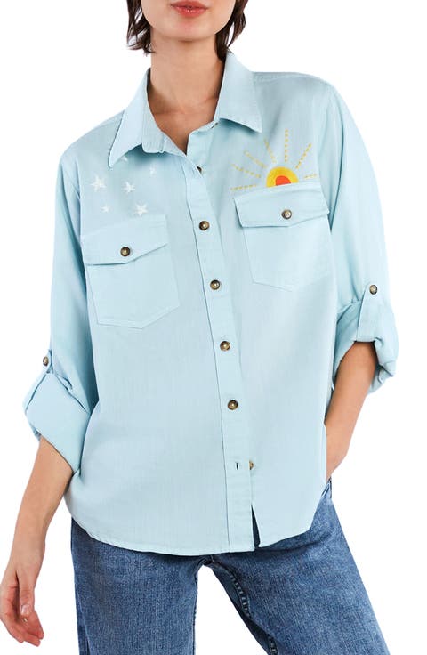 Hello Sunshine Embroidered Button-Up Shirt