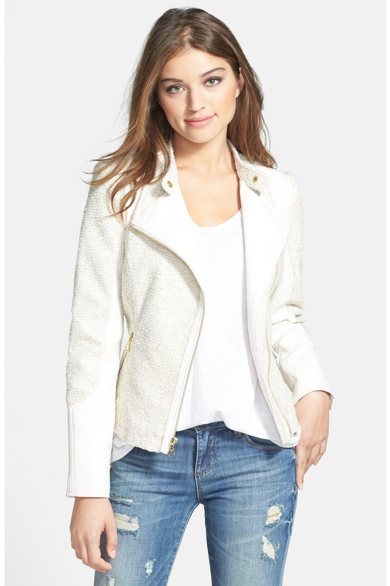 Tweed & Faux Leather Asymmetrical Zip Jacket, Main, color, CREAM