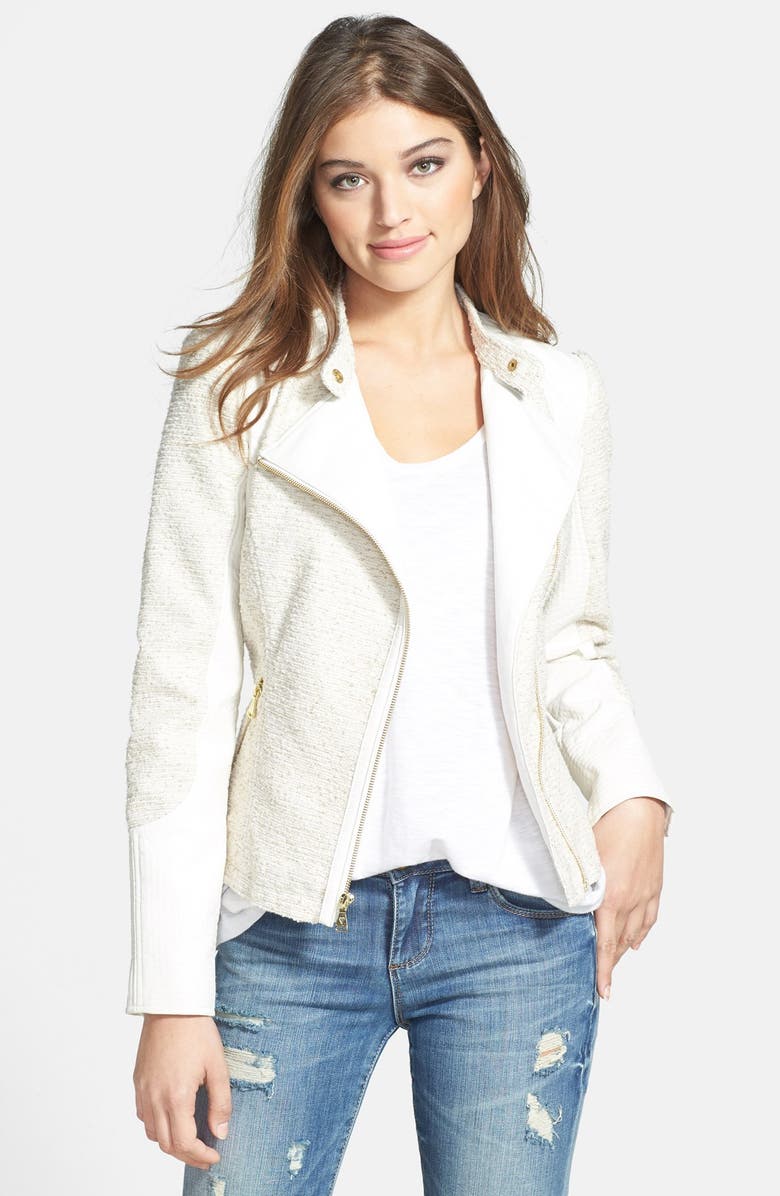 GUESS Tweed & Faux Leather Asymmetrical Zip Jacket, Main, color,