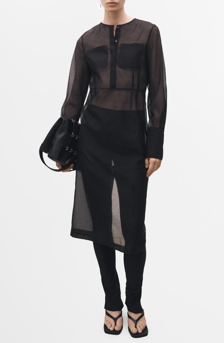 MANGO Sheer Long Sleeve Silk Blend Dress, Main, color,