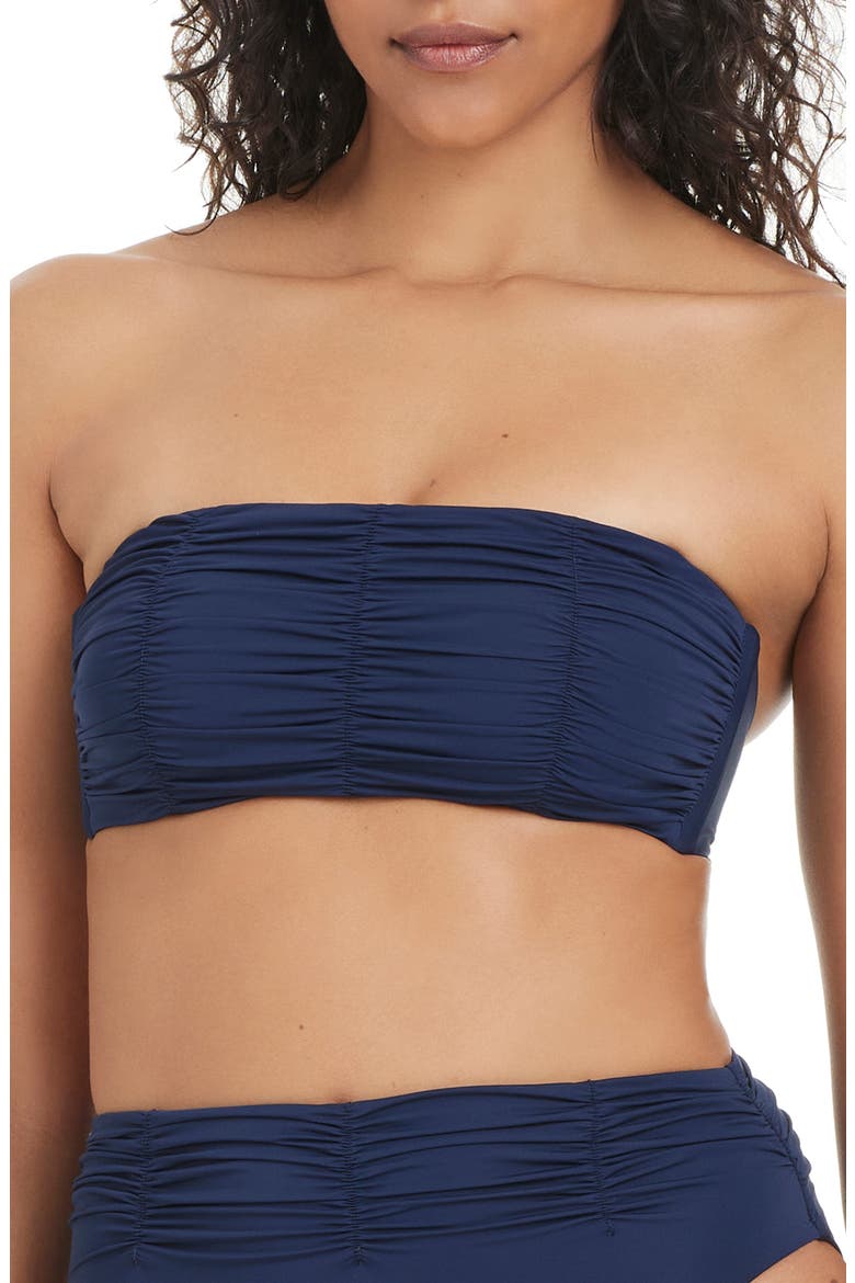 Shirred Bandeau Bikini Top, Alternate, color, NAVY MOOD