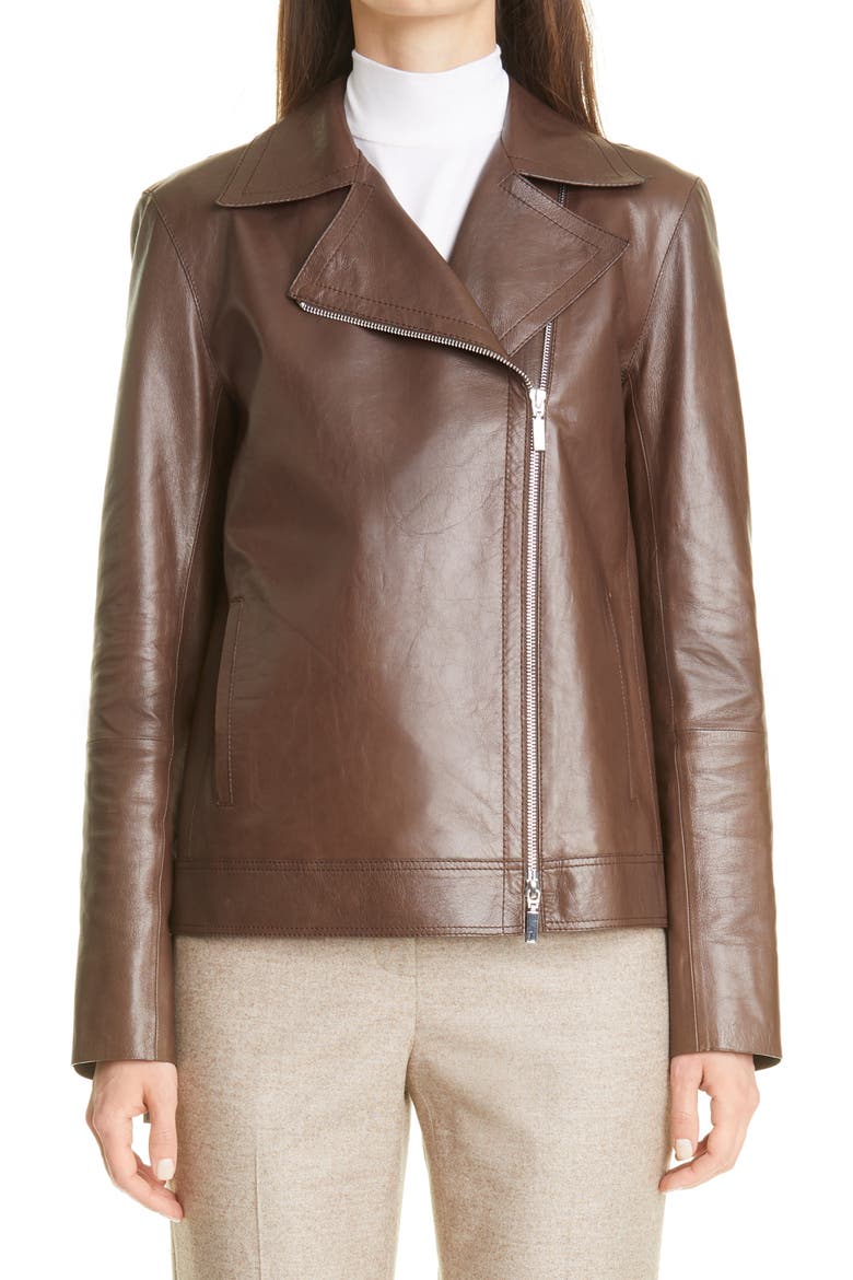 Aisling Lambskin Leather Moto Jacket, Main, color, BROWNSTONE