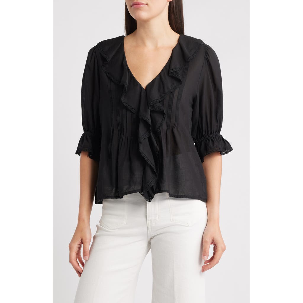 Madewell Pintucked Ruffled Puff-sleeve Top In Black