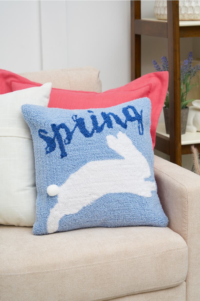 "Spring" Jumping Easter Bunny Rabbit Blue Hooked Accent Throw Pillow 16" x 16", Alternate, color, Blue