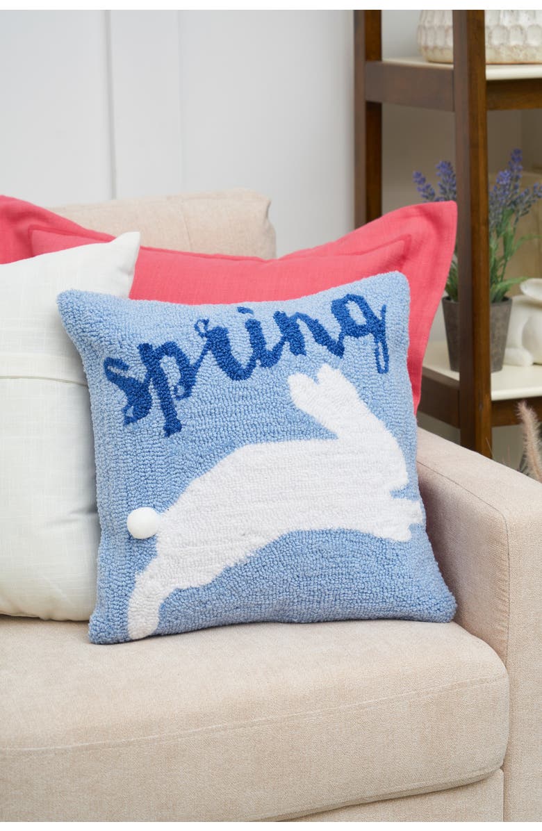 C&F Home "Spring" Jumping Easter Bunny Rabbit Blue Hooked Accent Throw Pillow 16" x 16", Alternate, color, Blue