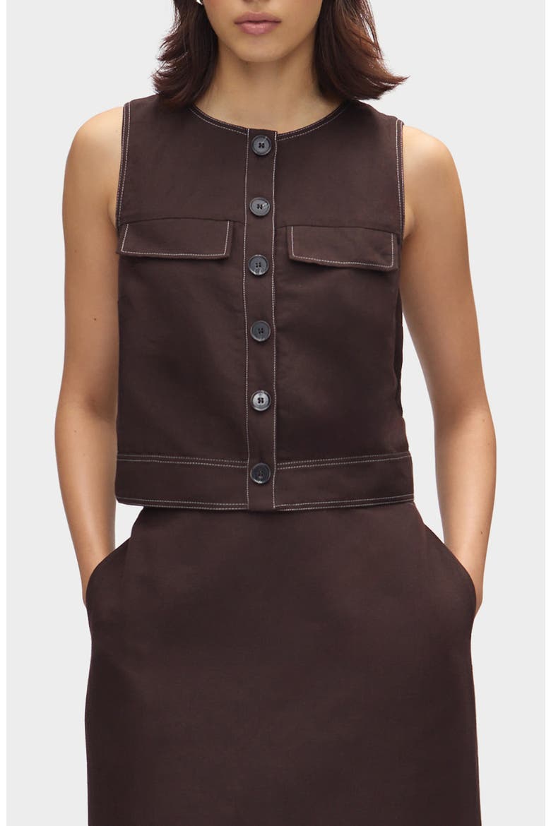 Summer Linen & Organic Cotton Blend Button-Up Crop Top, Main, color, CHOCOLATE