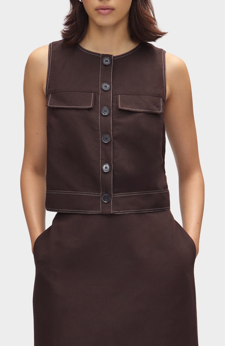 ALIGNE Summer Linen & Organic Cotton Blend Button-Up Crop Top, Main, color, Chocolate