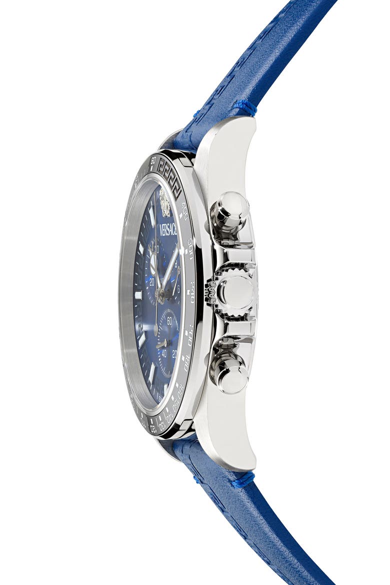 Greca Chronograph Leather Strap Watch, 43mm, Alternate, color, BLUE/ STAINLESS STEEL