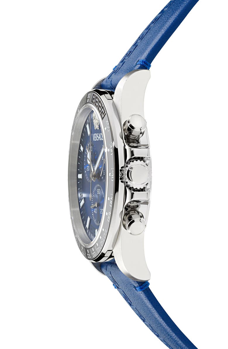 Versace Greca Chronograph Leather Strap Watch, 43mm, Alternate, color, Blue/ Stainless Steel