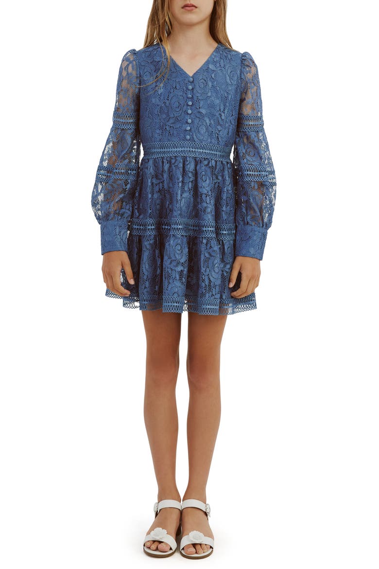 Kids' Venice Lace Long Sleeve Party Dress, Alternate, color, STEEL BLUE
