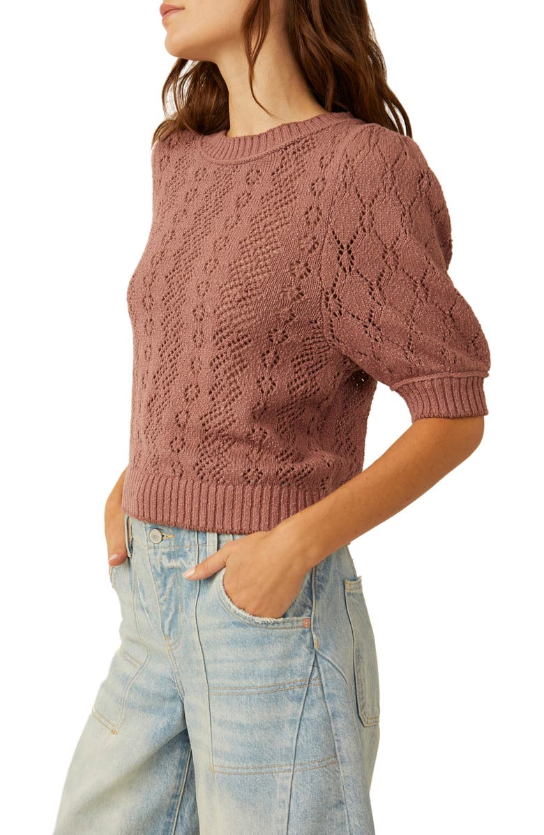 Free People Eloise Open Stitch Puff Shoulder Sweater, Alternate, color, Antique Oak Combo
