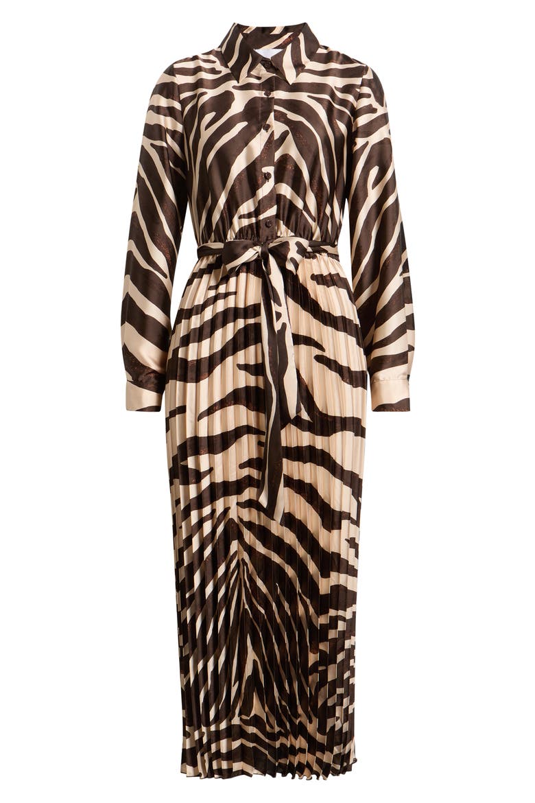 Zebra Print Long Sleeve Pleated Maxi Shirtdress, Alternate, color, BROWN