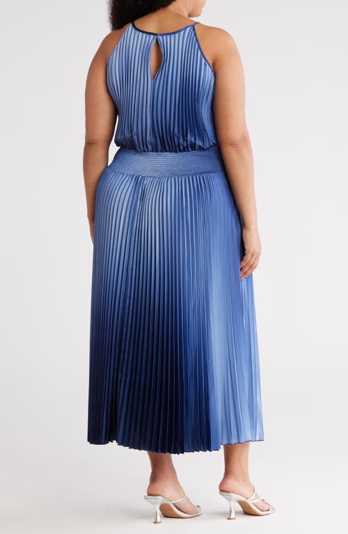 Marina Ombré Halter Neck Pleated Midi Dress In Blue