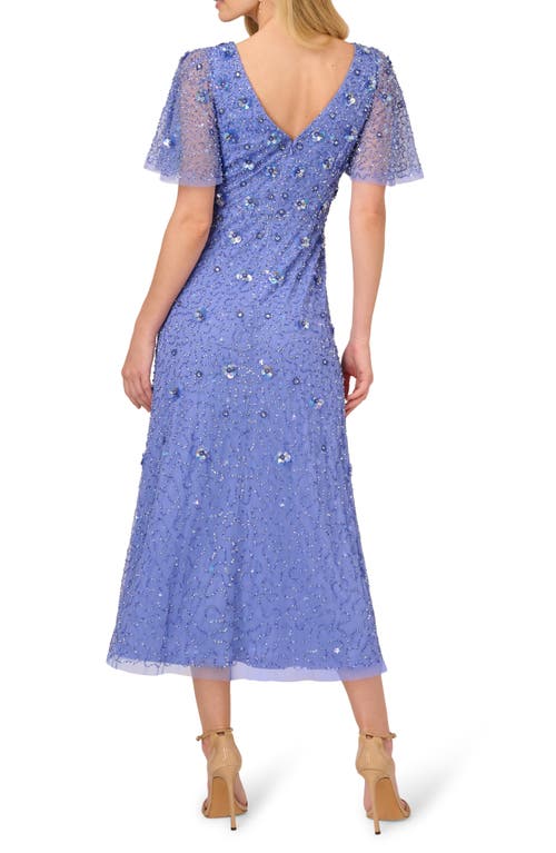 ADRIANNA PAPELL ADRIANNA PAPELL BEADED MESH FLUTTER SLEEVE COCKTAIL DRESS 
