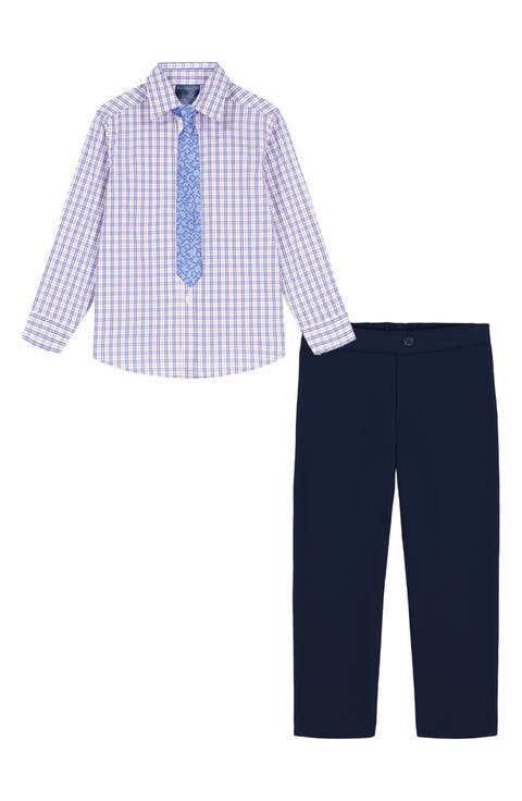 Kids' Stretch Micro Plaid Button-Up Shirt, Pants, & Tie Set (Little Kid)