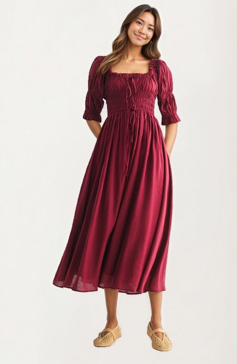 Knit and Lounge Smocked Bodice Puff Sleeve Maxi Dress, Main, color, 
