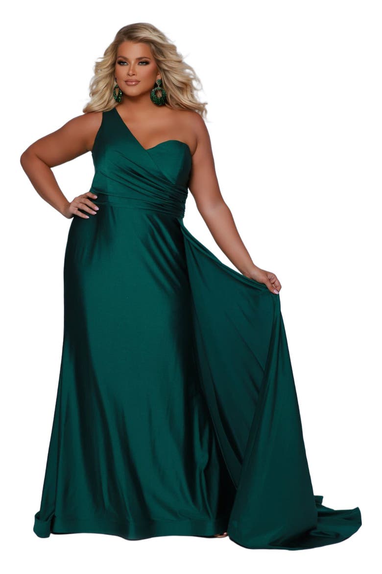Simple One Shoulder Fitted Plus Size Formal Dress with Cape, Main, color, Forest