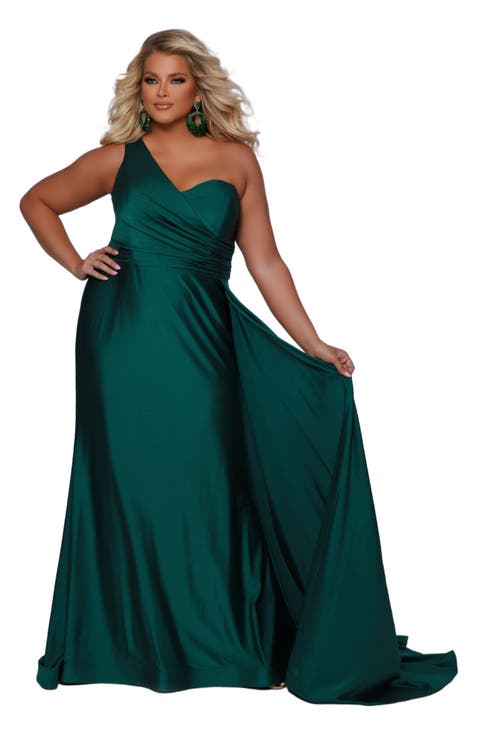 Simple One Shoulder Fitted Plus Size Formal Dress with Cape