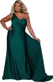 Sydney's Closet Simple One Shoulder Fitted Plus Size Formal Dress with Cape