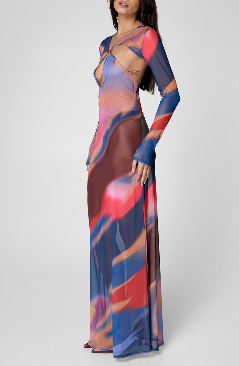 NASTY GAL Abstract Print Long Sleeve Mesh Maxi Dress, Alternate, color,